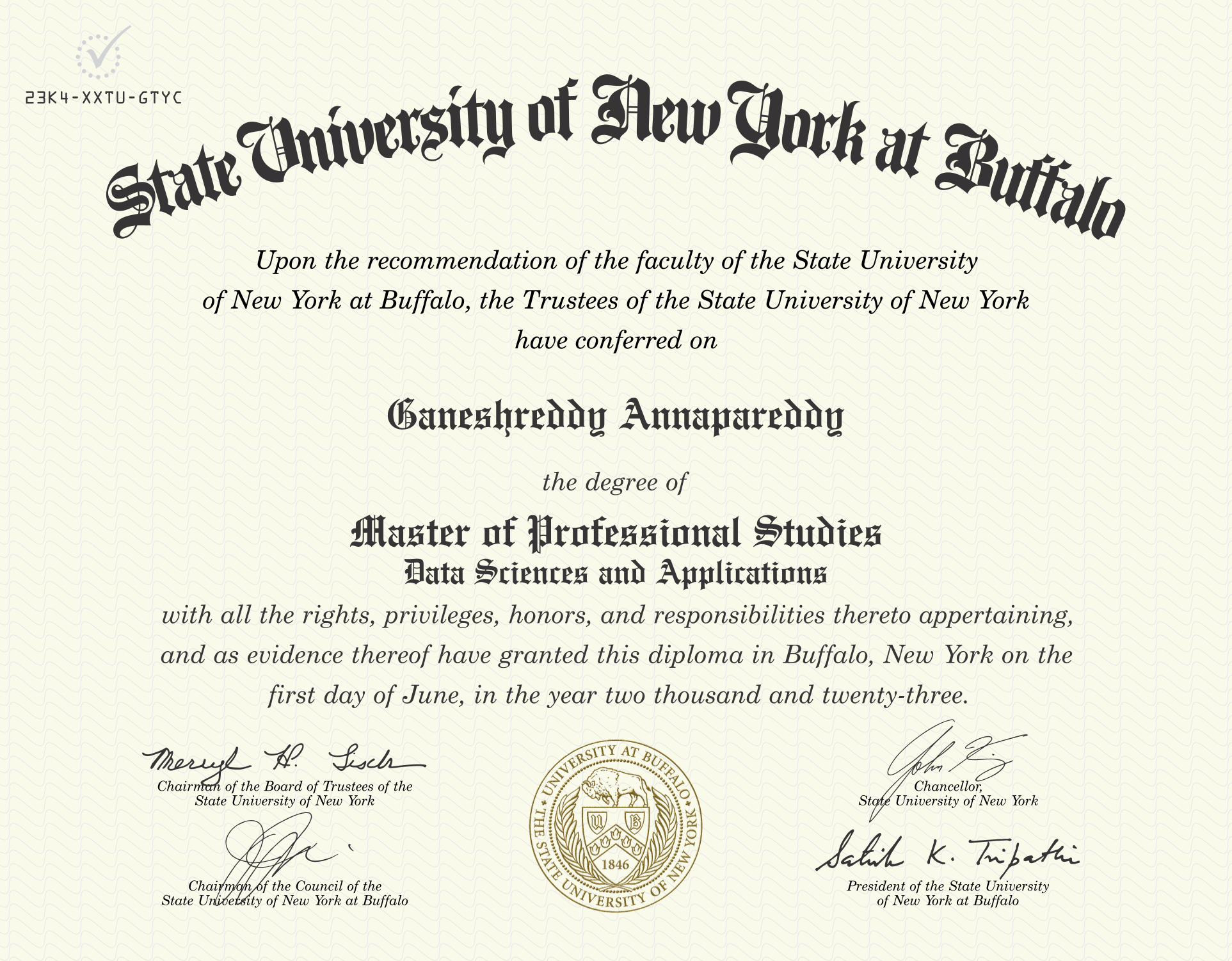 University at Buffalo diploma - Ganeshreddy Annapareddy, Master of Professional Studies, Data Sciences and Applications